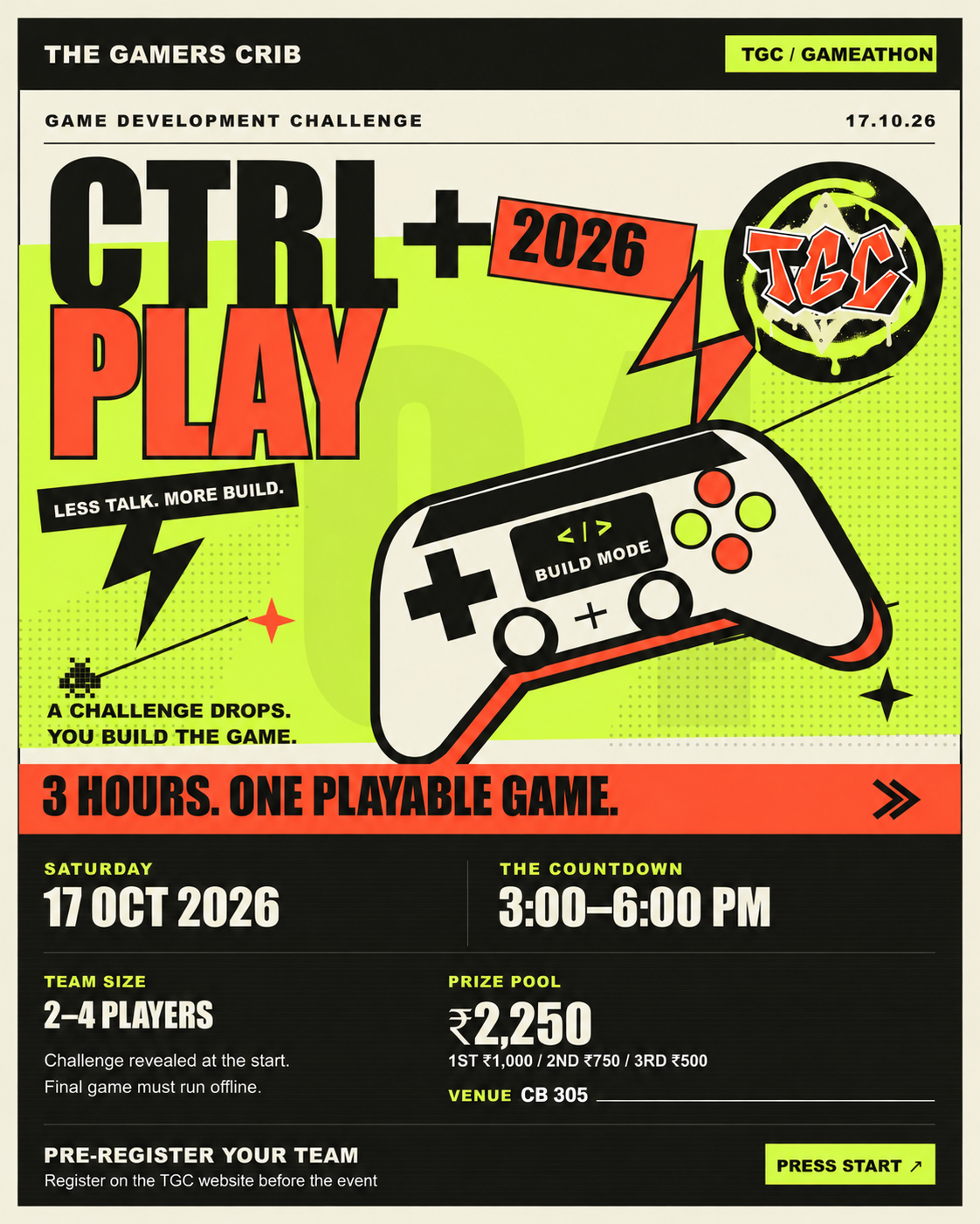 CTRL + PLAY 2026 event poster with rules, schedule and prizes